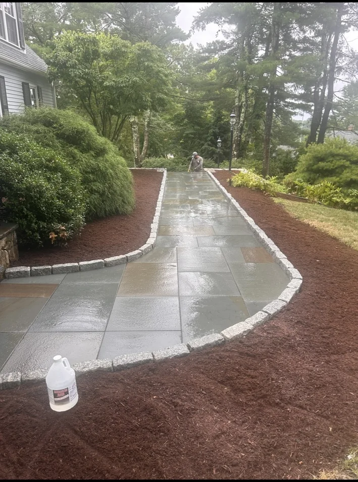 Stone walkway and mulch beds